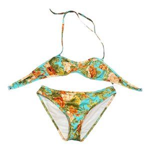 ASOS Floral Halter Bikini Top Size 32A Bottoms Sz 4 Very Pretty Teal